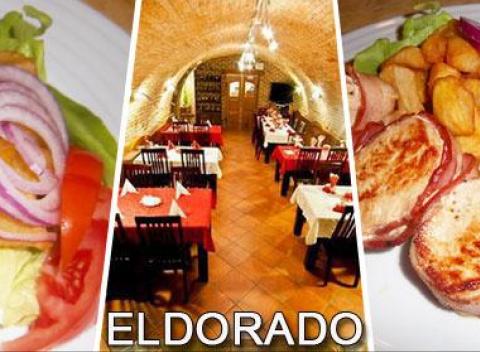 Panenské medailónky so slaninkou na ihle spolu s opekanými zemiakmi, omáčkou a zeleninovou oblohou v reštaurácii Eldorado!