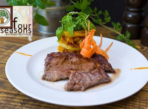 Chcete si poriadne pochutnať? Navštívte rodinné bistro Four Seasons na Zámockej a doprajte si chutný steak a flambovanú palacinku.