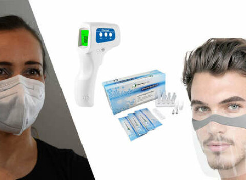 25 ks antigénových výterových testov, respirátor FFP2 5 ks, maska na tvár a nos alebo teplomer.