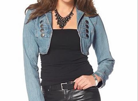 Dámske štýlové, džínsové bolero Melrose, krátky strih v military štýle, vpredu a na ramenách s ozdobnými pásikmi.