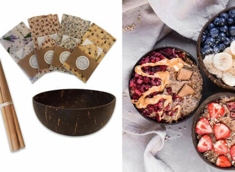 Originálne EKOlogické misky z pravého kokosu, bambusové slamky alebo voskové vrecúško.