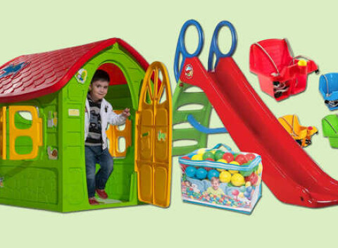 Detský domček, šmýkačka, hojdačka alebo 100 ks farebných loptičiek pre deti.