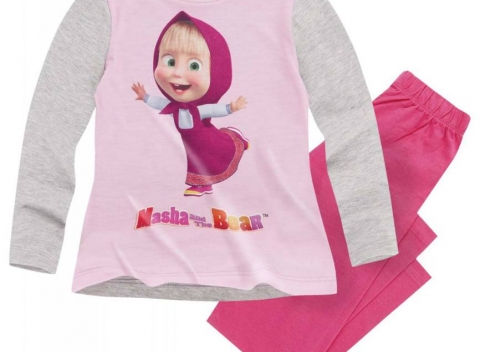 Ružové pyžamo Máša a medveď 2. Veľkosť 104 až 134 so žebrovaným lemovaním vo výstrihu.