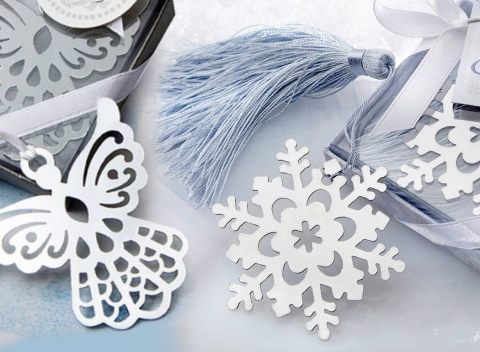 Štýlové záložky do kníh so zimnými motívmi: snehová vločka, anjel alebo husľový kľúč.
