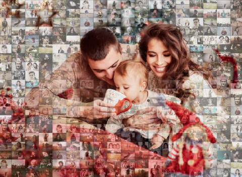 Mozaika na plátne z vlastných fotografií, aj v tvare srdca – natiahnutá na ráme so závesným systémom.