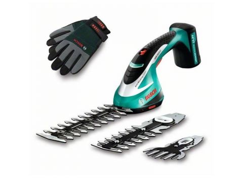 Ľahké a kompaktné nožnice na trávu a kríky Bosch ASB 10,8 Li set s rukavicemi.