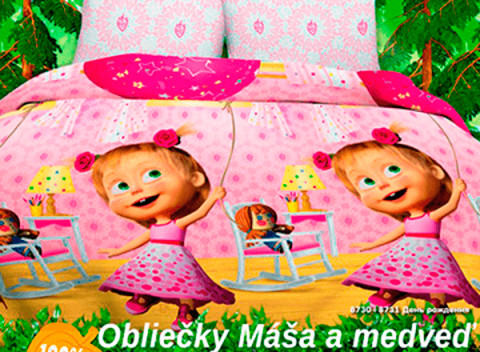 Obliečky Máša a Medveď: Oslava,  vyrobené zo 100% bavlny, 1x vankúš a prikrývka.