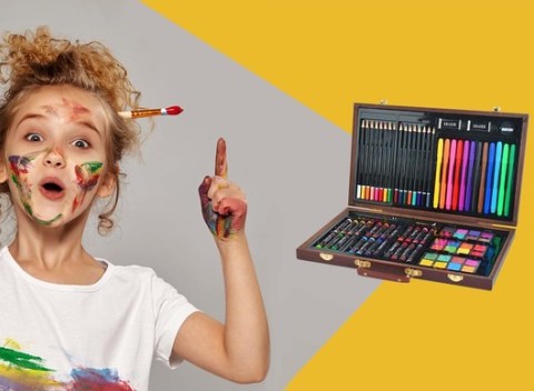 Drevený kufrík so sadou pre malých maliarov, (obsahuje až 81 maliarskych potrieb).