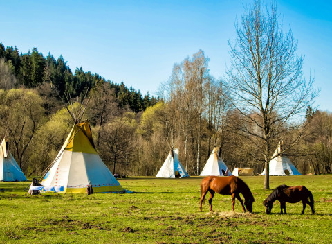 Národný park Šumava: Dobrodružstvo v stane či teepee v Penzióne U Mauritzů s farmou so zvieratkami.
